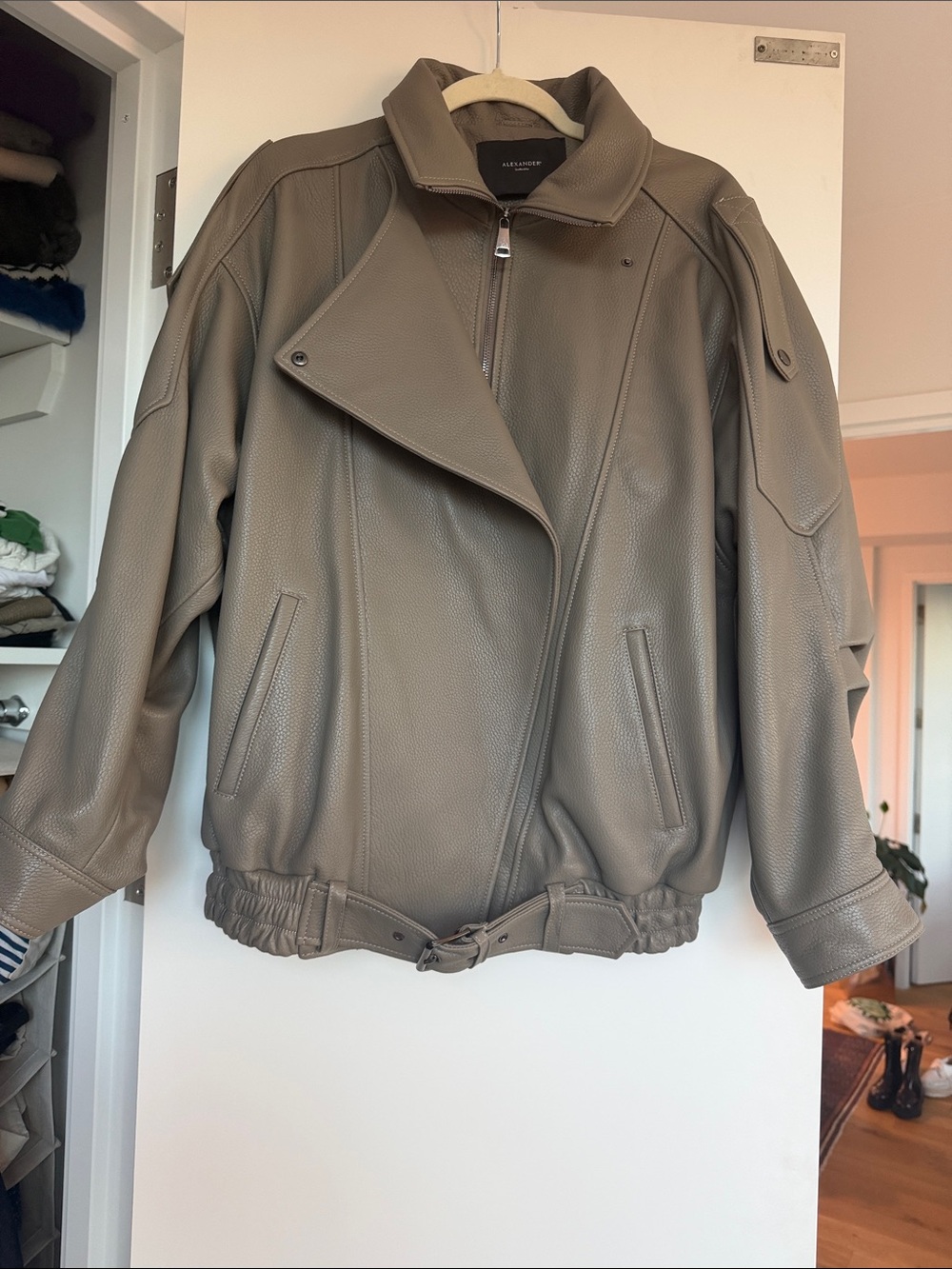 Oversize Taupe Real Leather Bomber Jacket